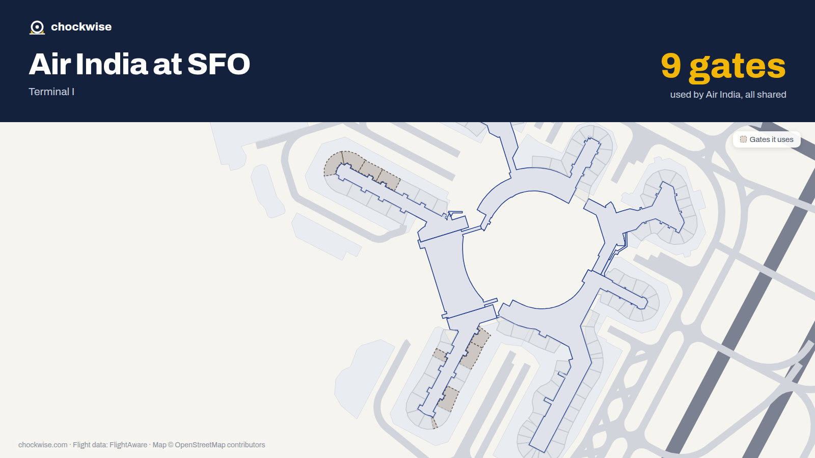 Map of SFO with the gates Air India uses highlighted: A1, A2, A5, G6, A8, G9, G10, A13 and 1 more.