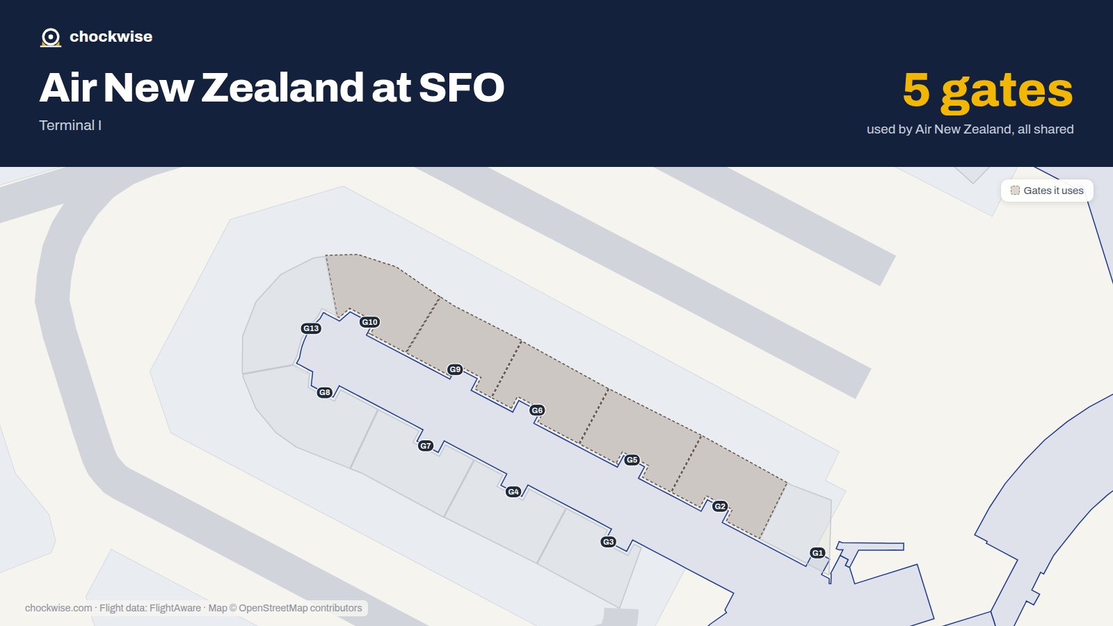 Map of SFO with the gates Air New Zealand uses highlighted: G2, G5, G6, G9 and G10.