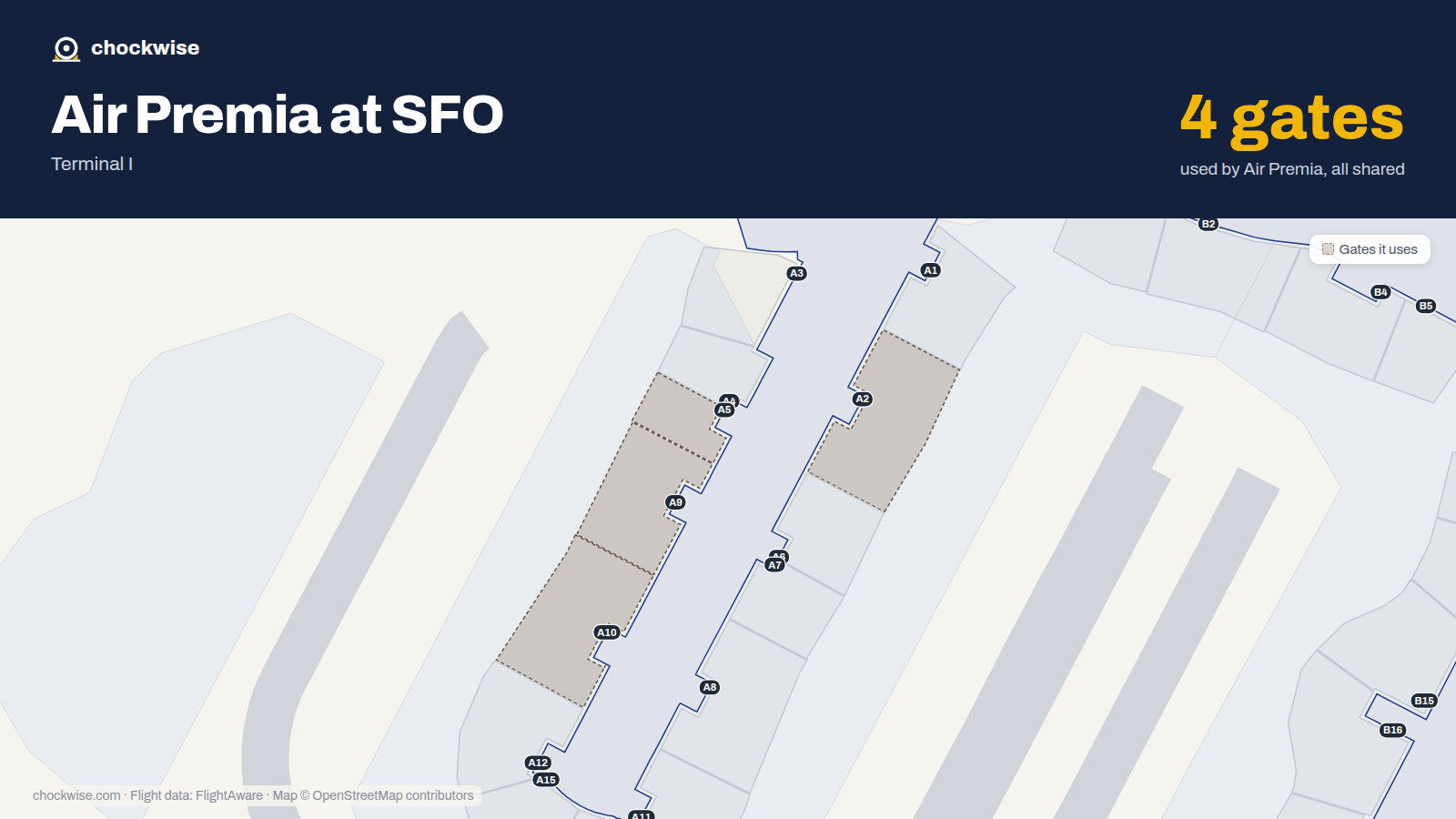 Map of SFO with the gates Air Premia uses highlighted: A2, A5, A9 and A10.