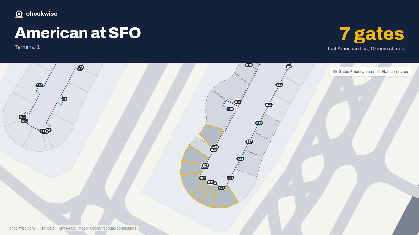 Map of SFO with the gates American Airlines uses highlighted: B19, B22, B23, B24, B25, B26 and B27.