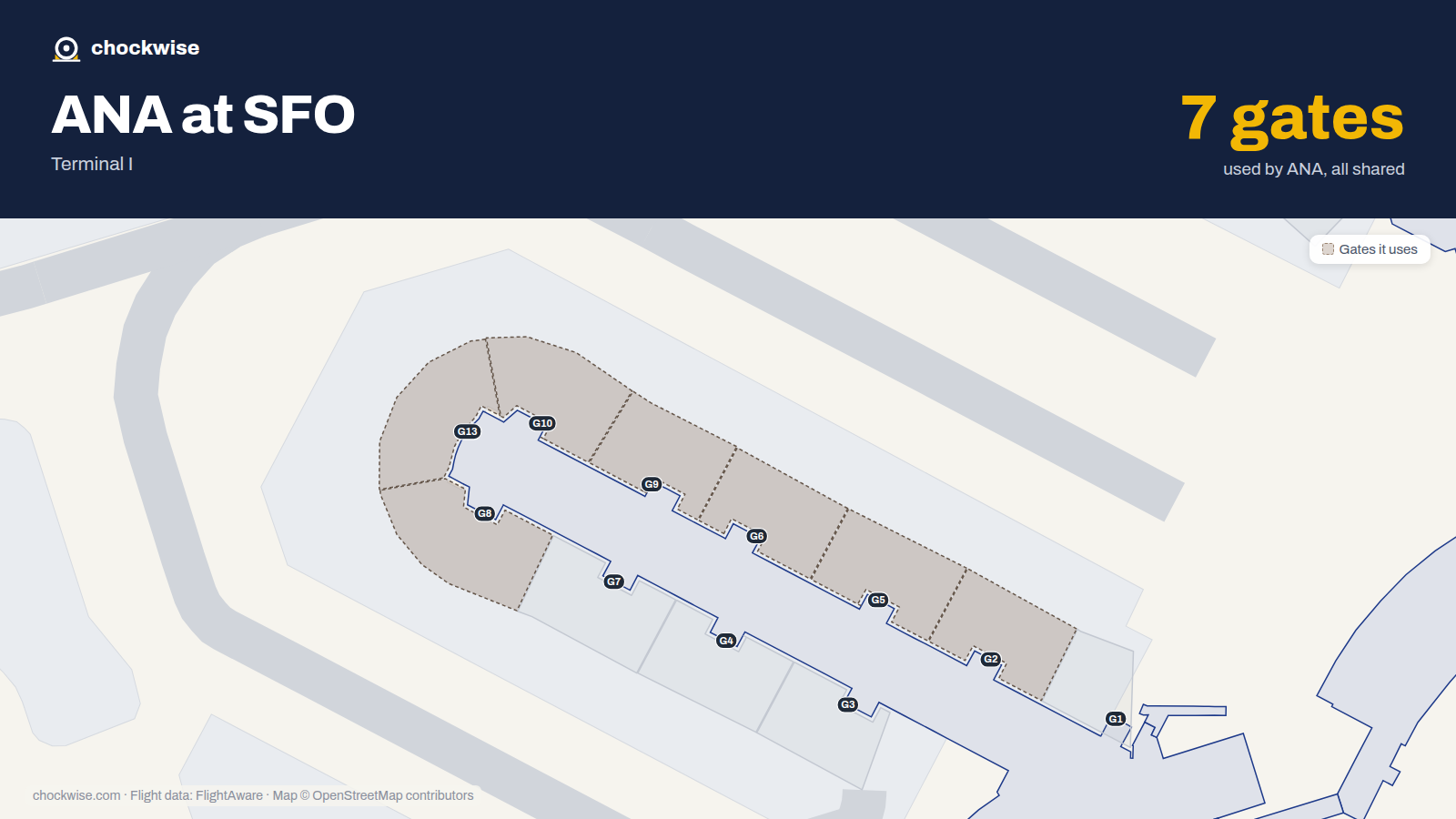 Map of SFO with the gates All Nippon Airways (ANA) uses highlighted: G2, G5, G6, G8, G9, G10 and G13.