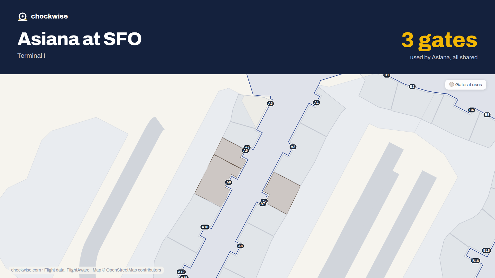 Map of SFO with the gates Asiana Airlines uses highlighted: A5, A6 and A9.