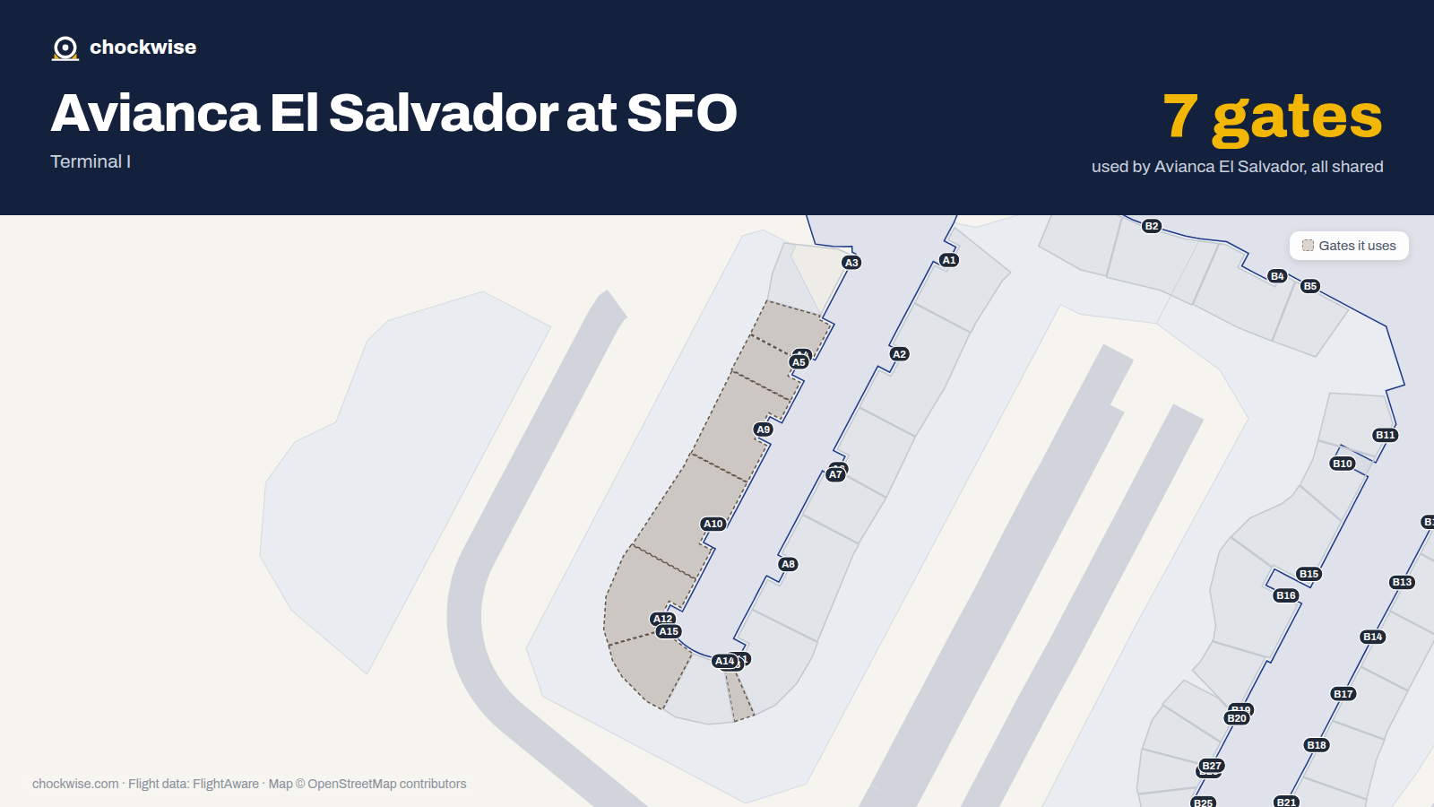 Map of SFO with the gates Avianca El Salvador uses highlighted: A4, A5, A9, A10, A12, A13 and A15.