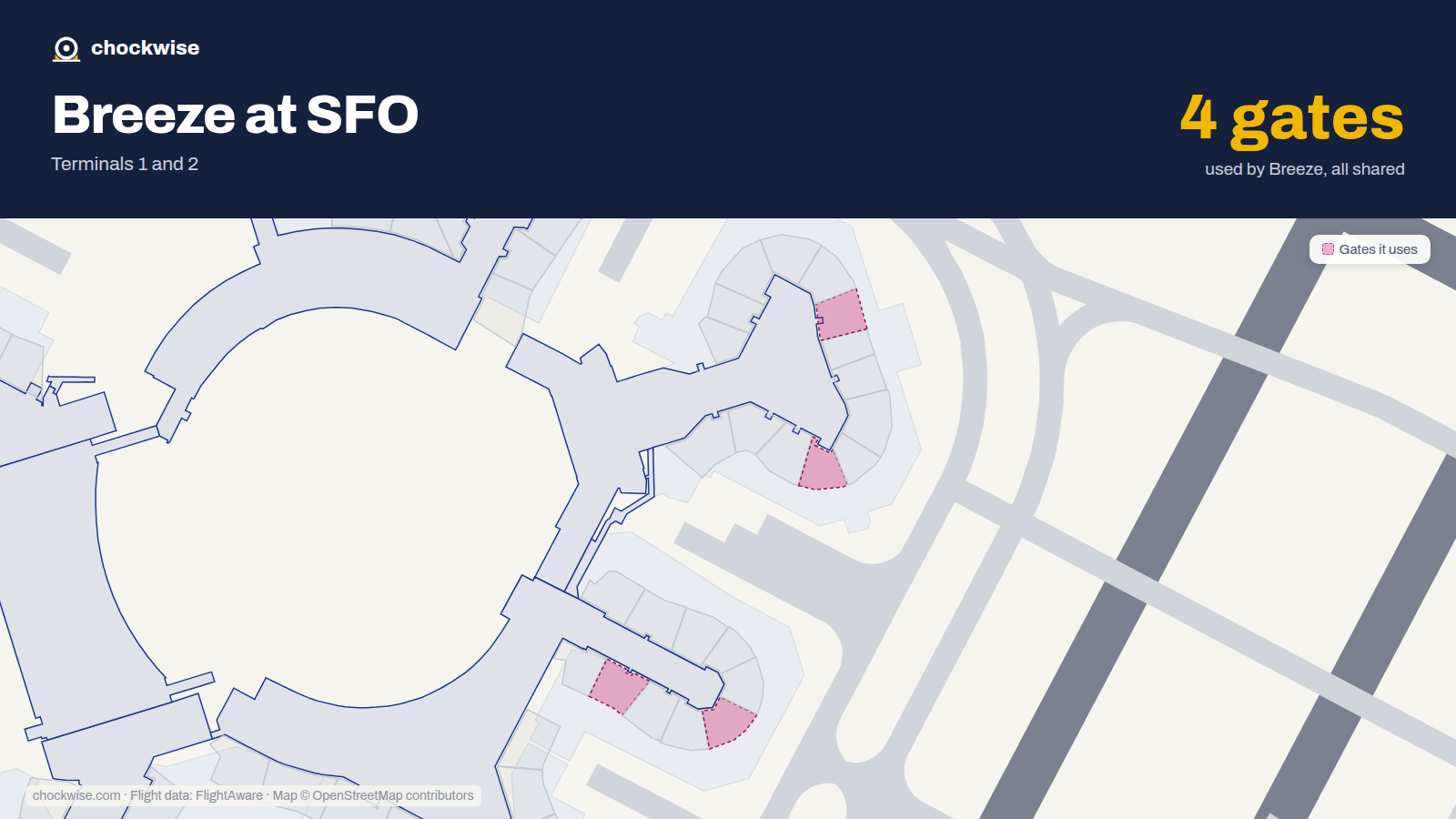 Map of SFO with the gates Breeze Airways uses highlighted: C4, D5, C10 and D10.