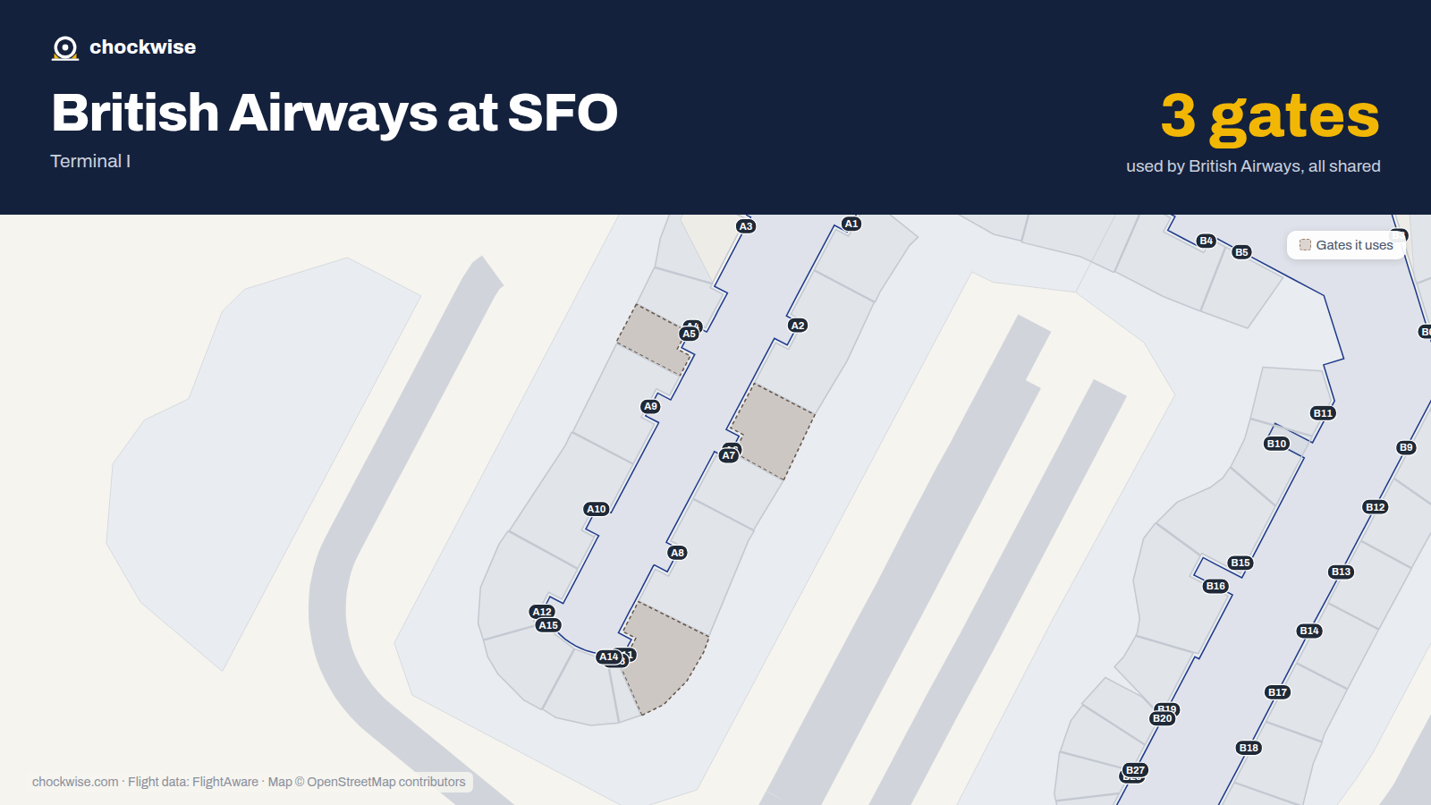 Map of SFO with the gates British Airways uses highlighted: A5, A6 and A11.