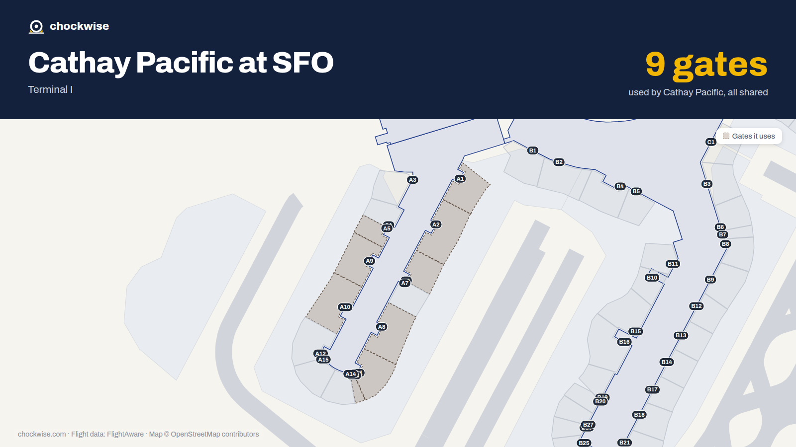 Map of SFO with the gates Cathay Pacific uses highlighted: A1, A2, A5, A6, A8, A9, A10, A11 and 1 more.