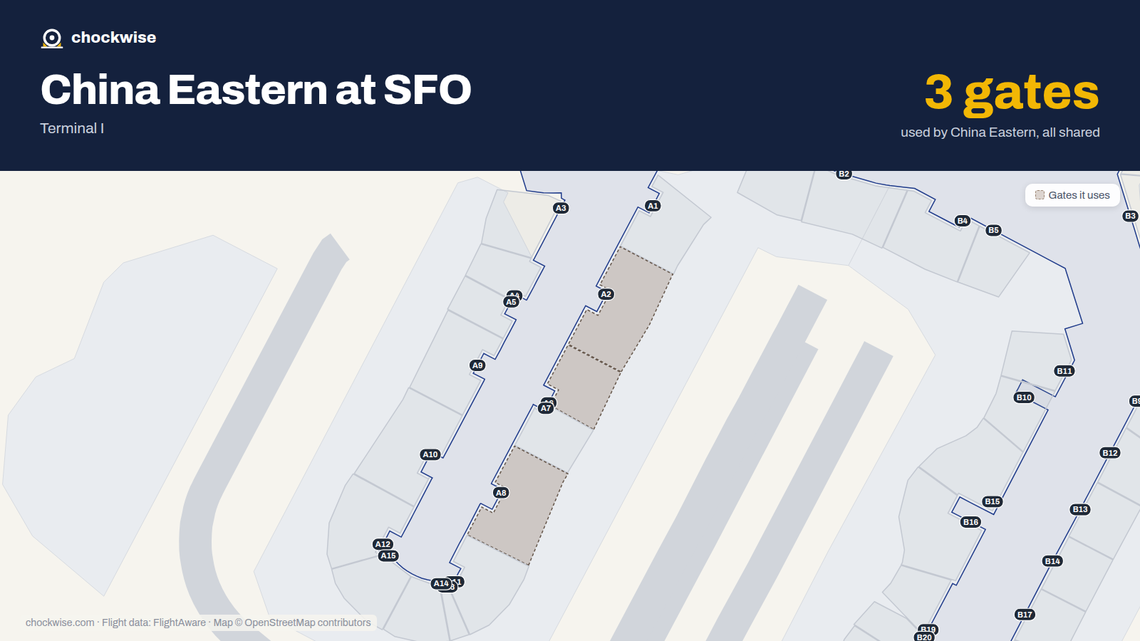 Map of SFO with the gates China Eastern uses highlighted: A2, A6 and A8.