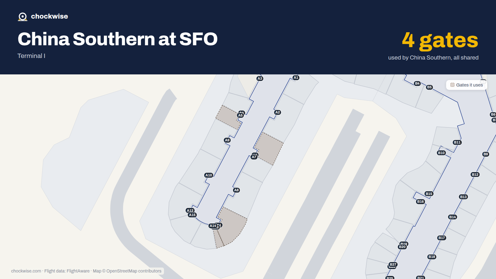 Map of SFO with the gates China Southern uses highlighted: A5, A6, A11 and A13.