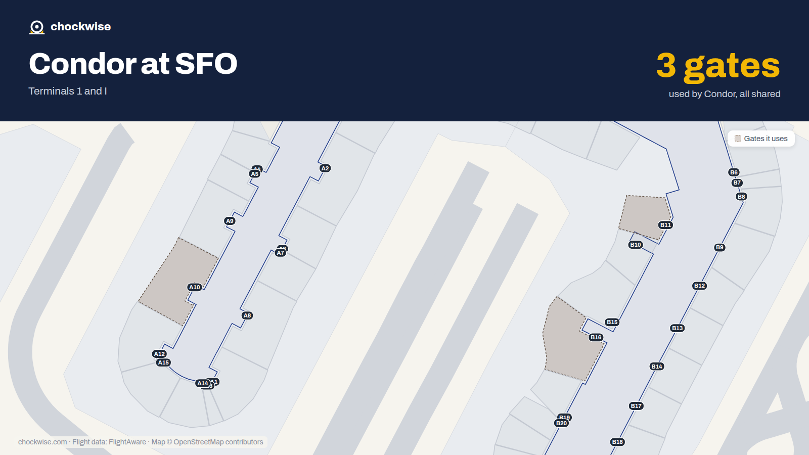 Map of SFO with the gates Condor uses highlighted: A10, B11 and B16.