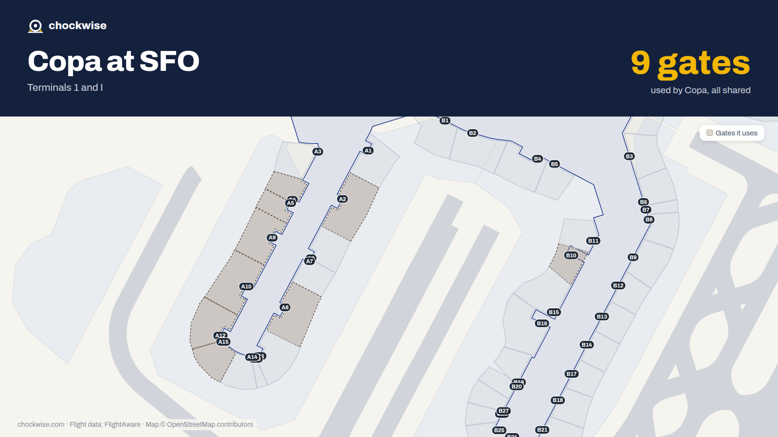 Map of SFO with the gates Copa Airlines uses highlighted: A2, A4, A5, A8, A9, A10, B10, A12 and 1 more.
