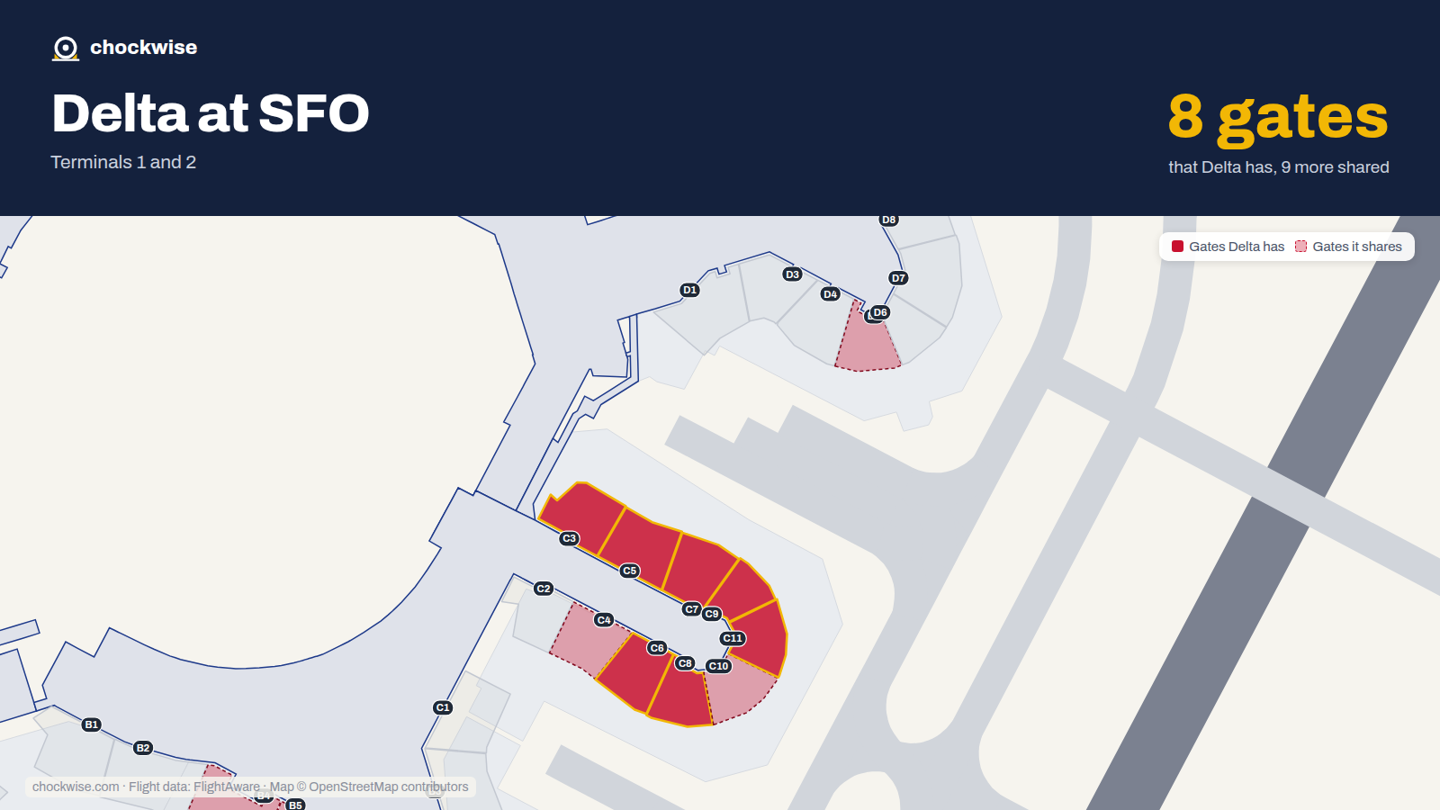 Map of SFO with the gates Delta Air Lines uses highlighted: C3, C5, C6, C7, C8, C9 and C11.
