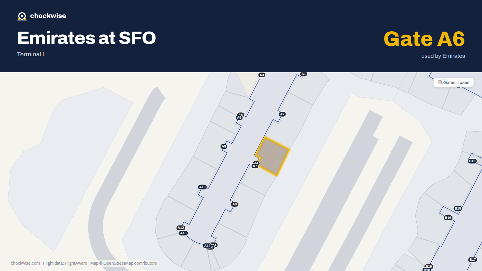 Map of SFO with the gates Emirates uses highlighted: A6.