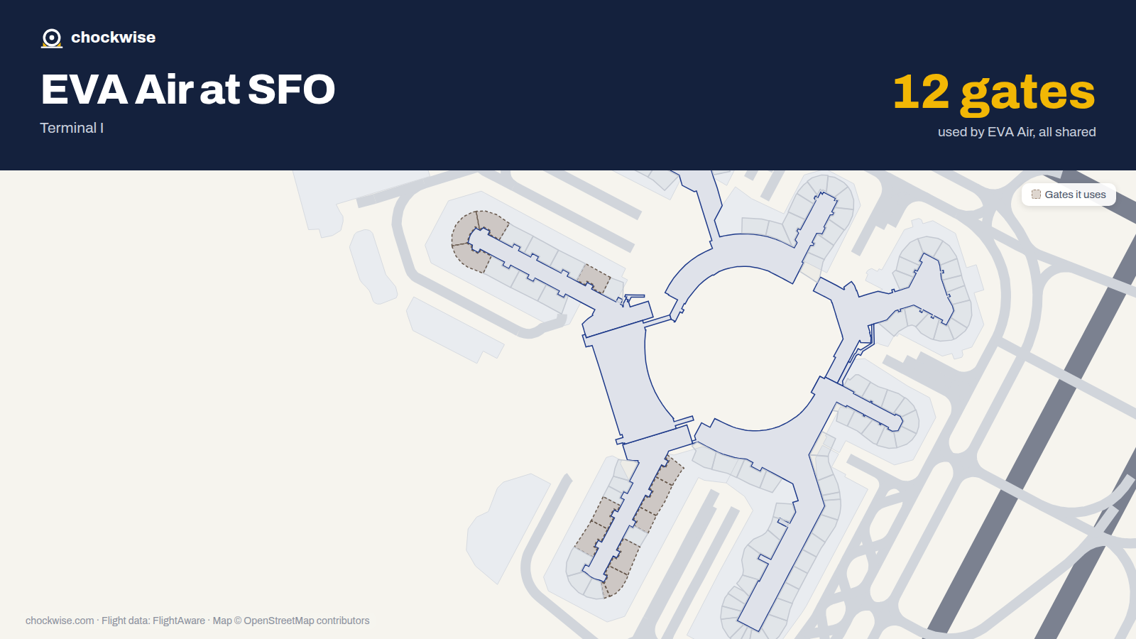 Map of SFO with the gates EVA Air uses highlighted: A1, A2, G2, A6, A8, G8, A9, A10 and 4 more.
