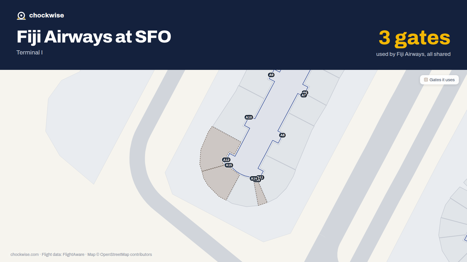 Map of SFO with the gates Fiji Airways uses highlighted: A12, A13 and A15.