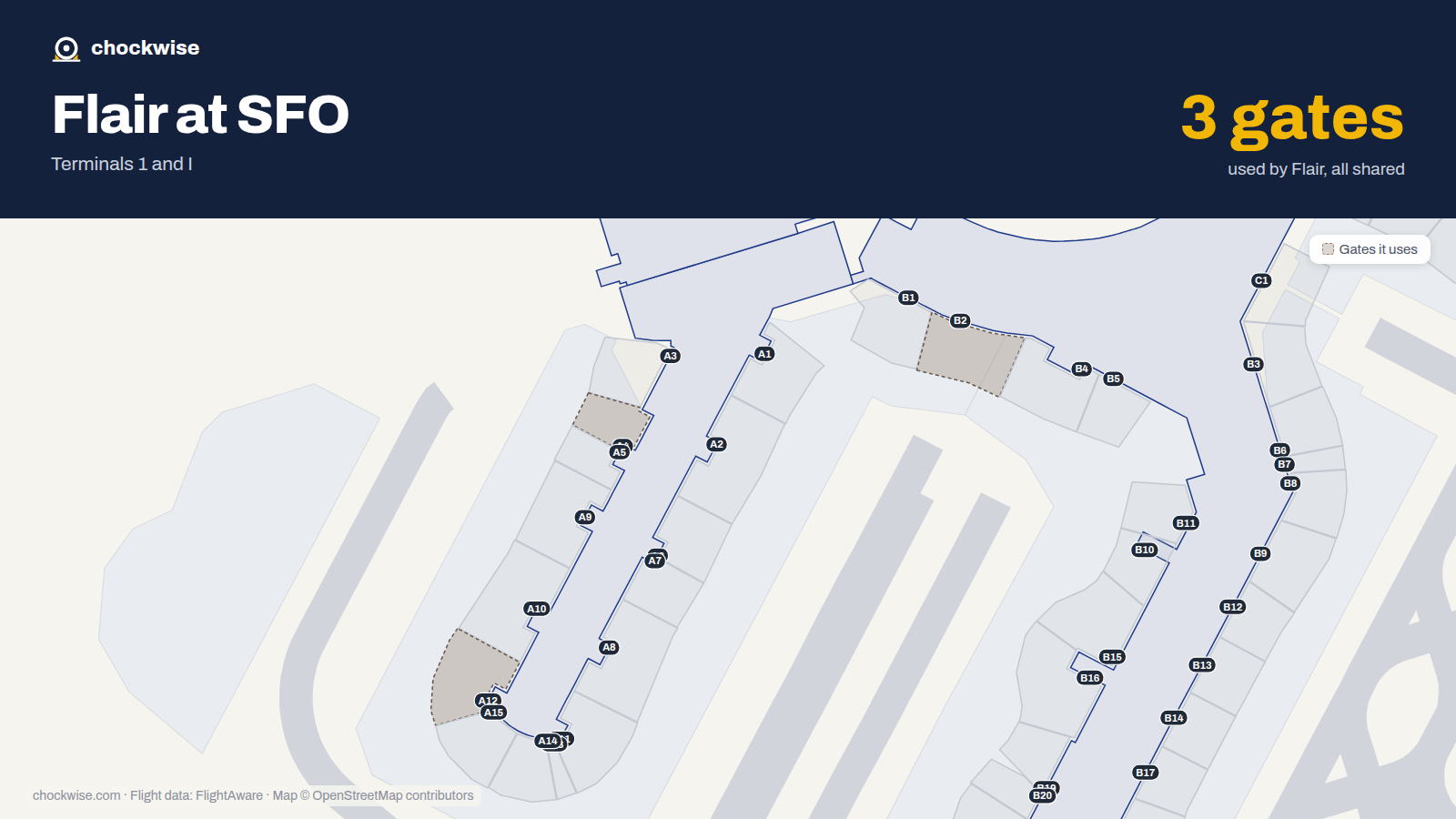 Map of SFO with the gates Flair Airlines uses highlighted: B2, A4 and A12.