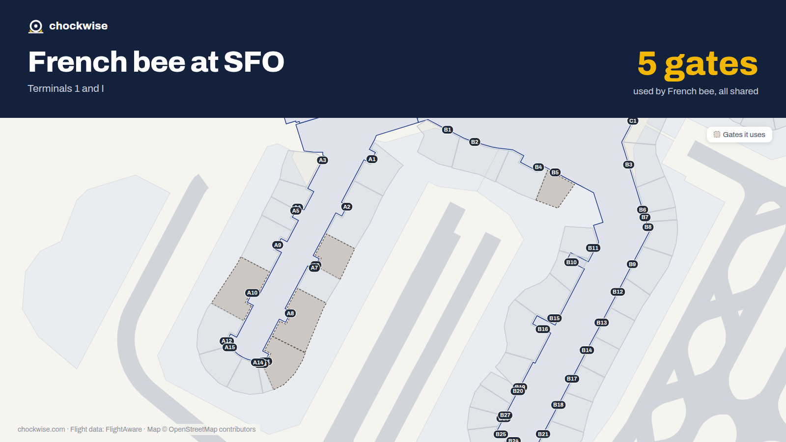 Map of SFO with the gates French bee uses highlighted: B5, A6, A8, A10 and A11.