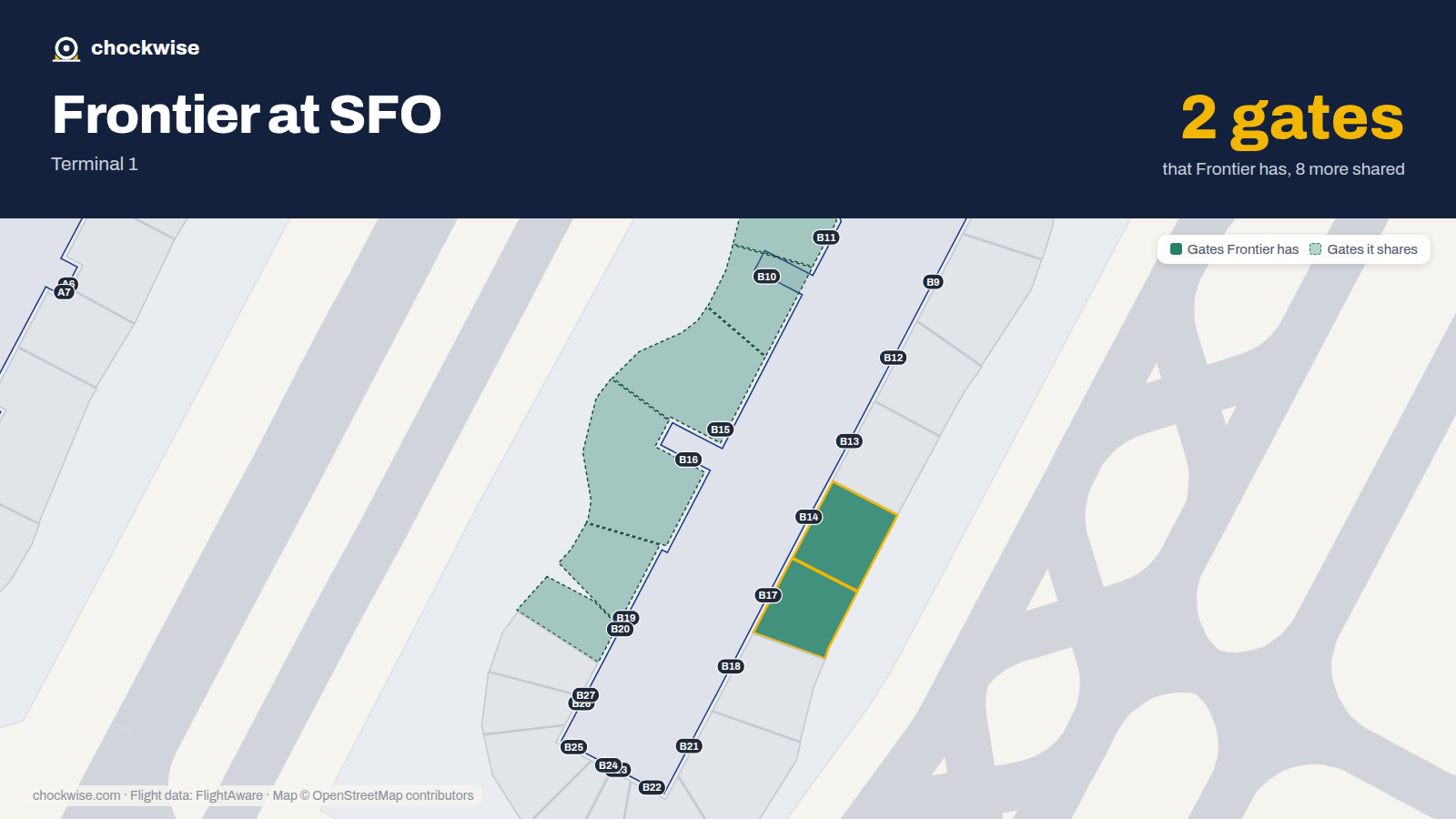 Map of SFO with the gates Frontier Airlines uses highlighted: B14 and B17.