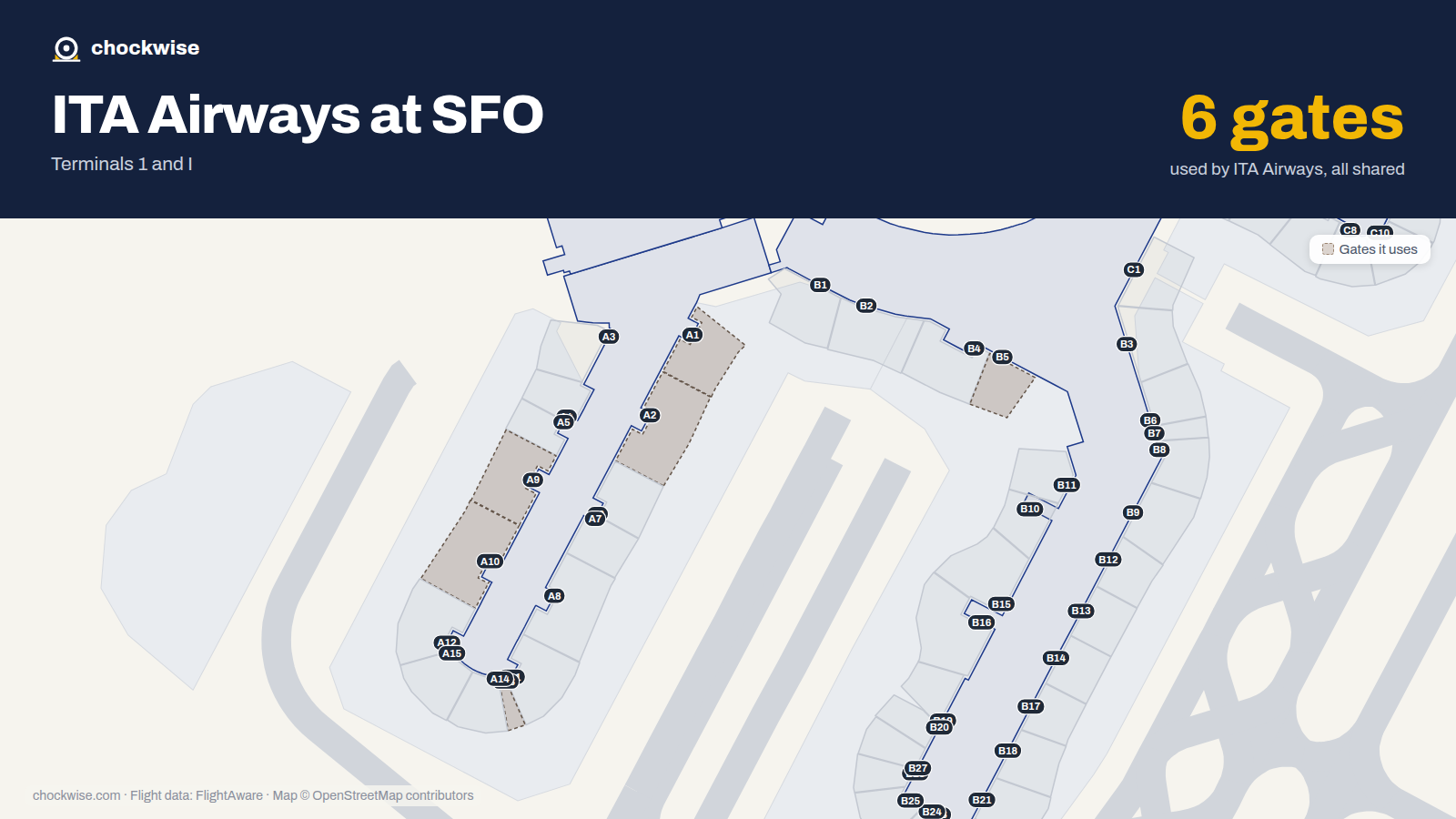 Map of SFO with the gates ITA Airways uses highlighted: A1, A2, B5, A9, A10 and A13.