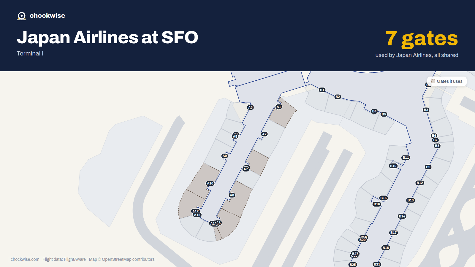 Map of SFO with the gates Japan Airlines uses highlighted: A1, A6, A8, A10, A11, A12 and A13.