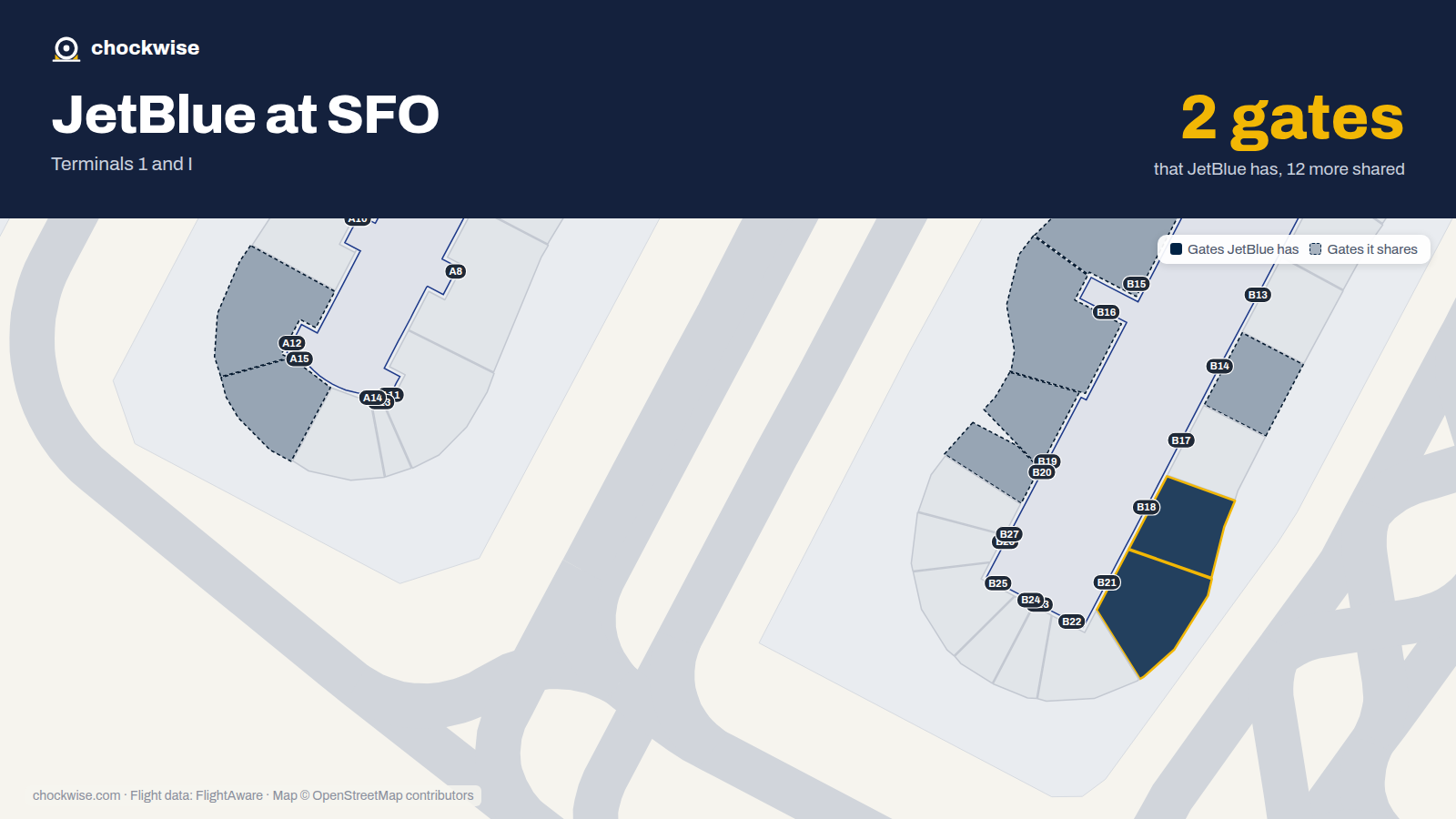 Map of SFO with the gates JetBlue uses highlighted: B18 and B21.