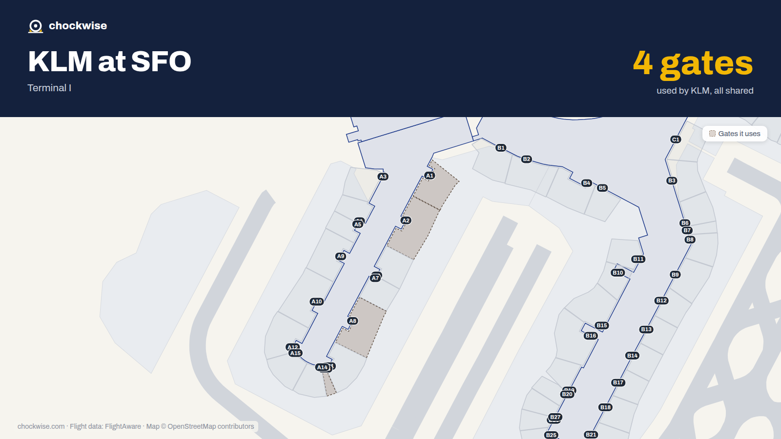 Map of SFO with the gates KLM uses highlighted: A1, A2, A8 and A13.