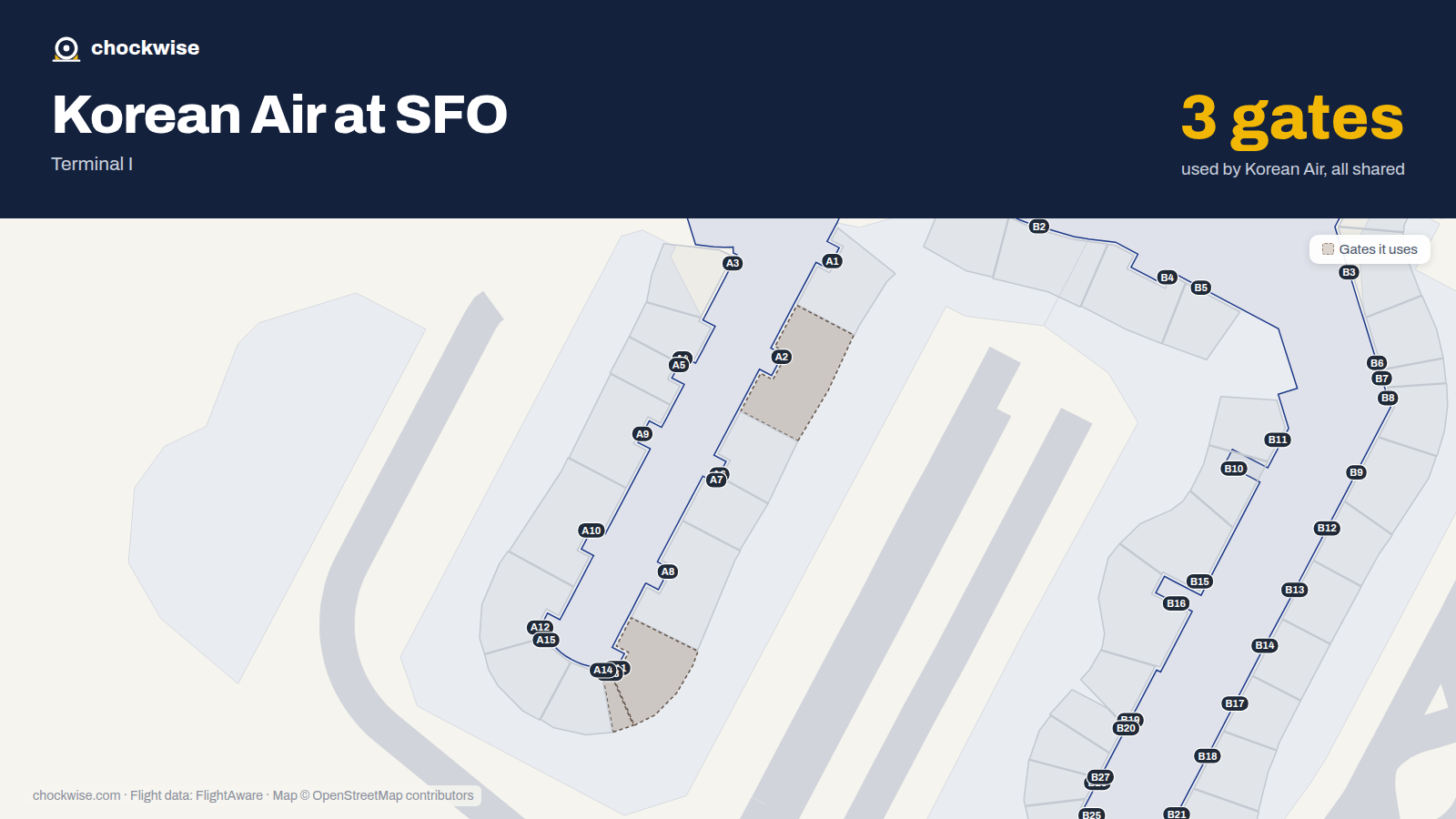 Map of SFO with the gates Korean Air uses highlighted: A2, A11 and A13.