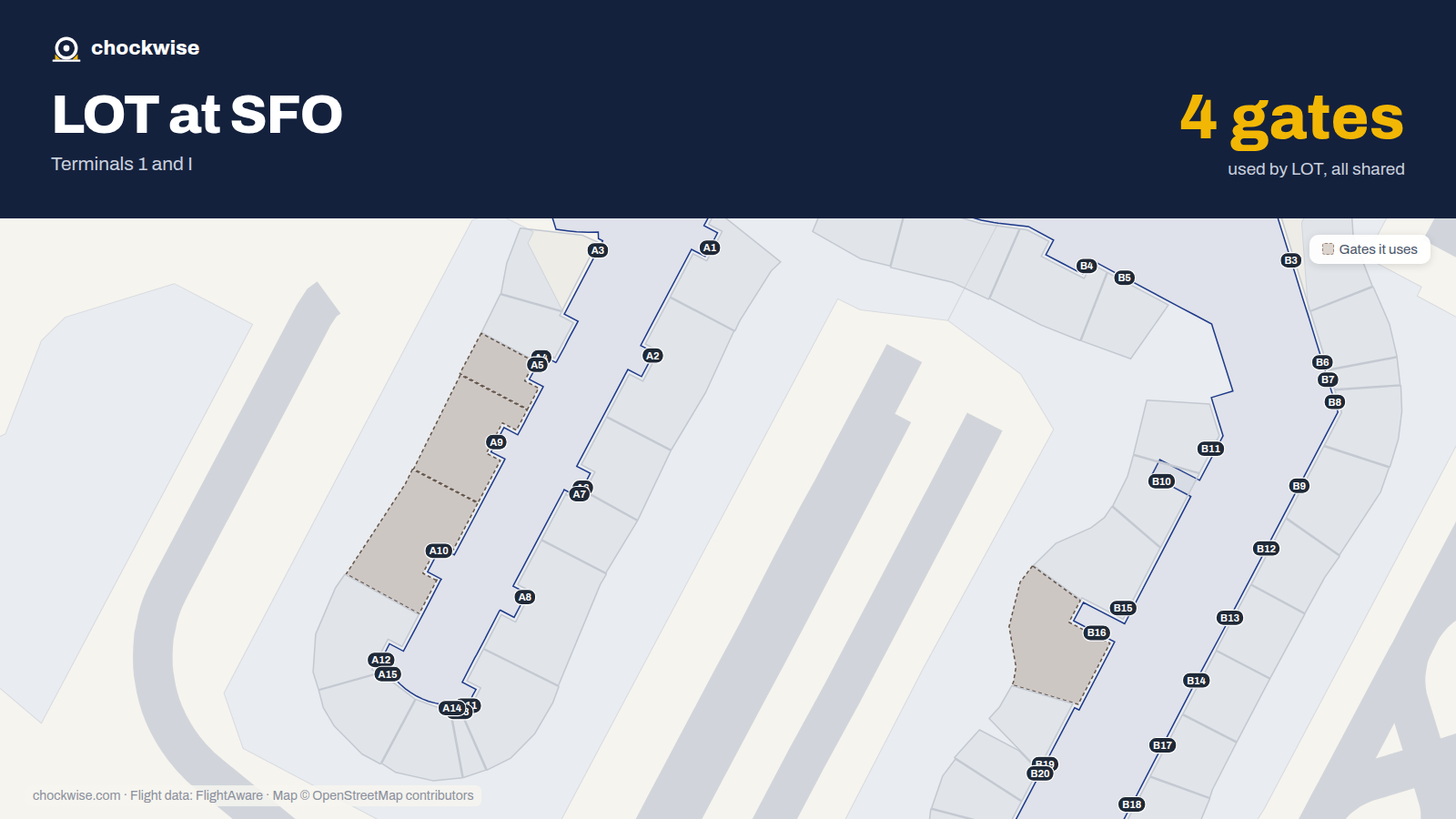 Map of SFO with the gates LOT Polish Airlines uses highlighted: A5, A9, A10 and B16.