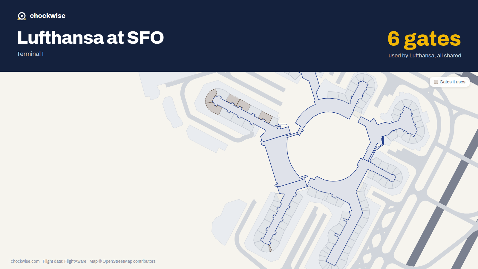 Map of SFO with the gates Lufthansa uses highlighted: G2, G6, G8, G9, A13 and G13.