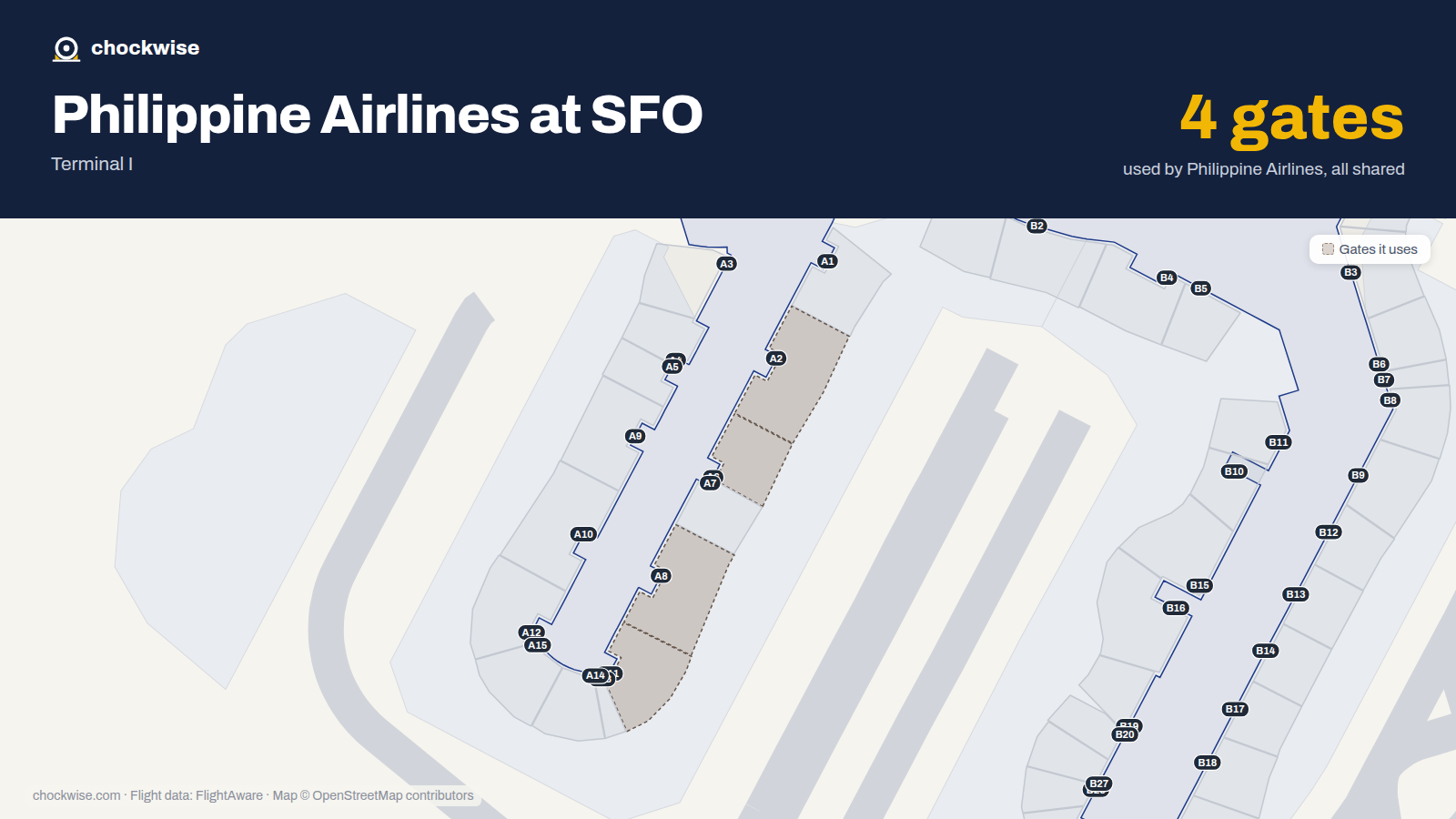 Map of SFO with the gates Philippine Airlines uses highlighted: A2, A6, A8 and A11.