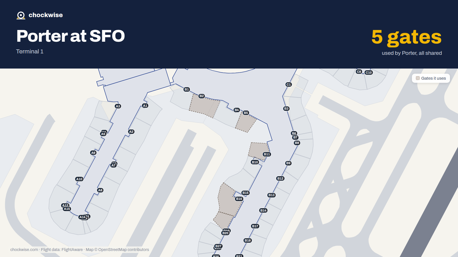Map of SFO with the gates Porter Airlines uses highlighted: B2, B5, B11, B16 and B19.