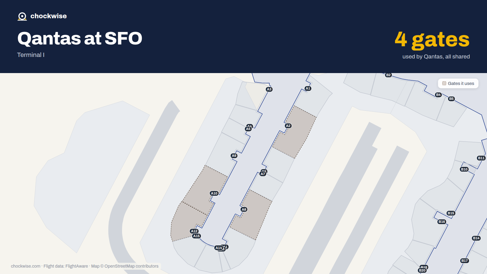 Map of SFO with the gates Qantas uses highlighted: A2, A8, A10 and A12.
