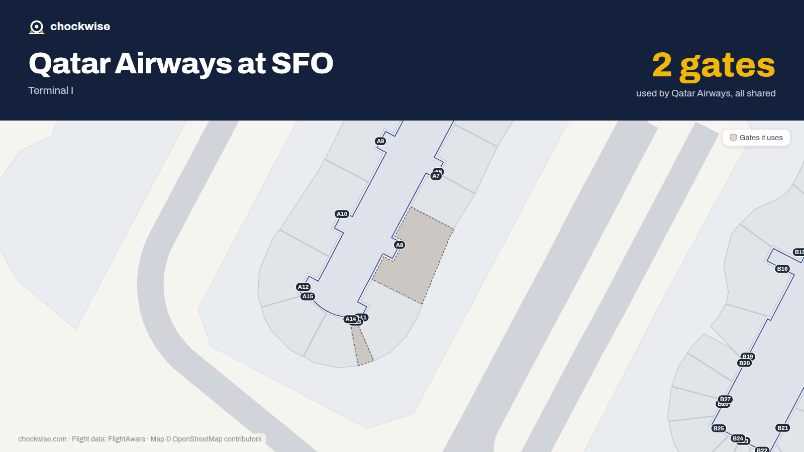 Map of SFO with the gates Qatar Airways uses highlighted: A8 and A13.