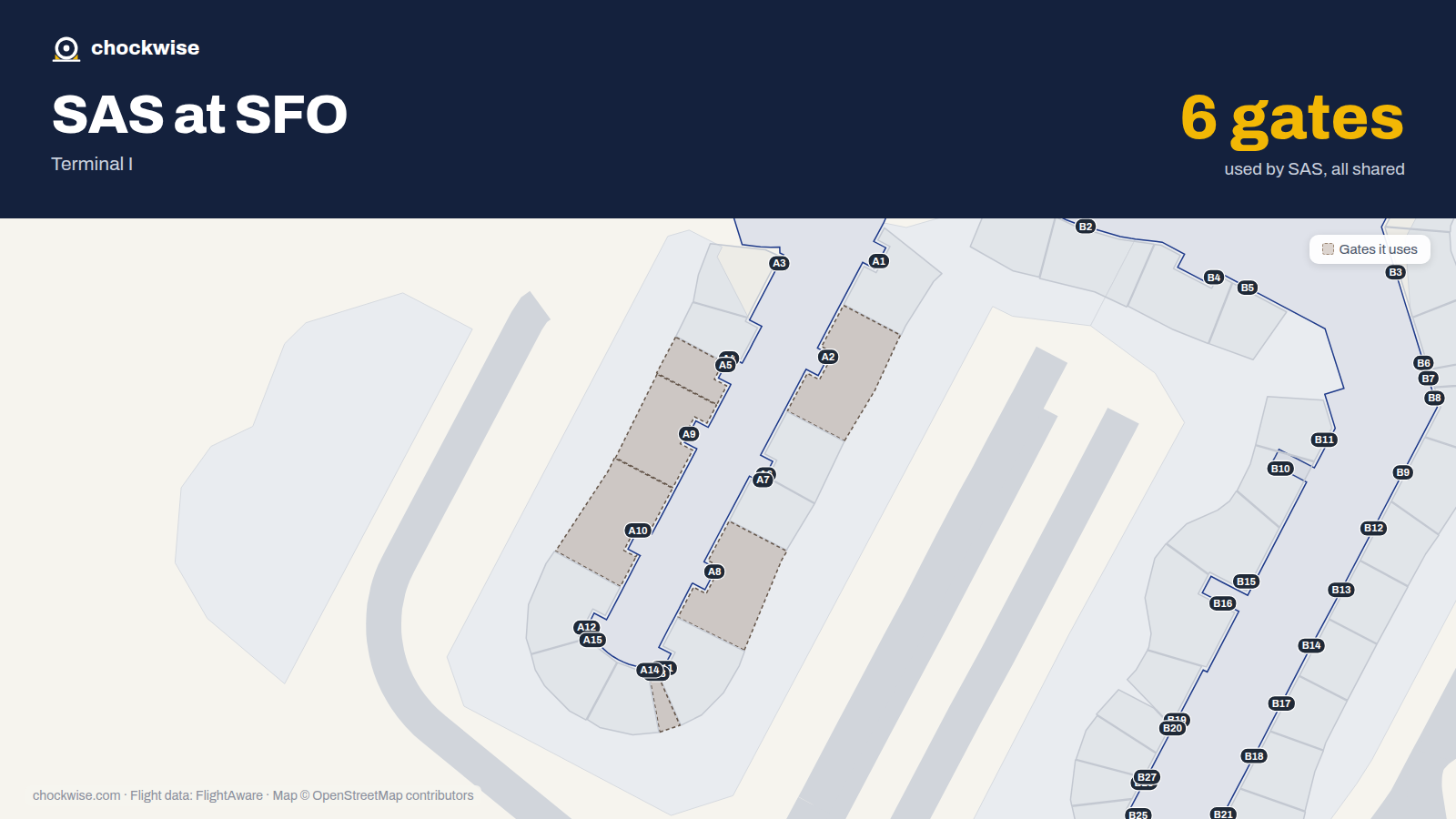 Map of SFO with the gates SAS Scandinavian Airlines uses highlighted: A2, A5, A8, A9, A10 and A13.