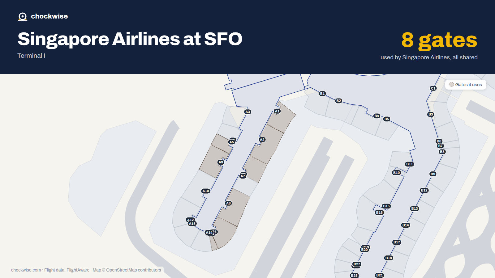 Map of SFO with the gates Singapore Airlines uses highlighted: A1, A2, A5, A6, A8, A9, A11 and A13.