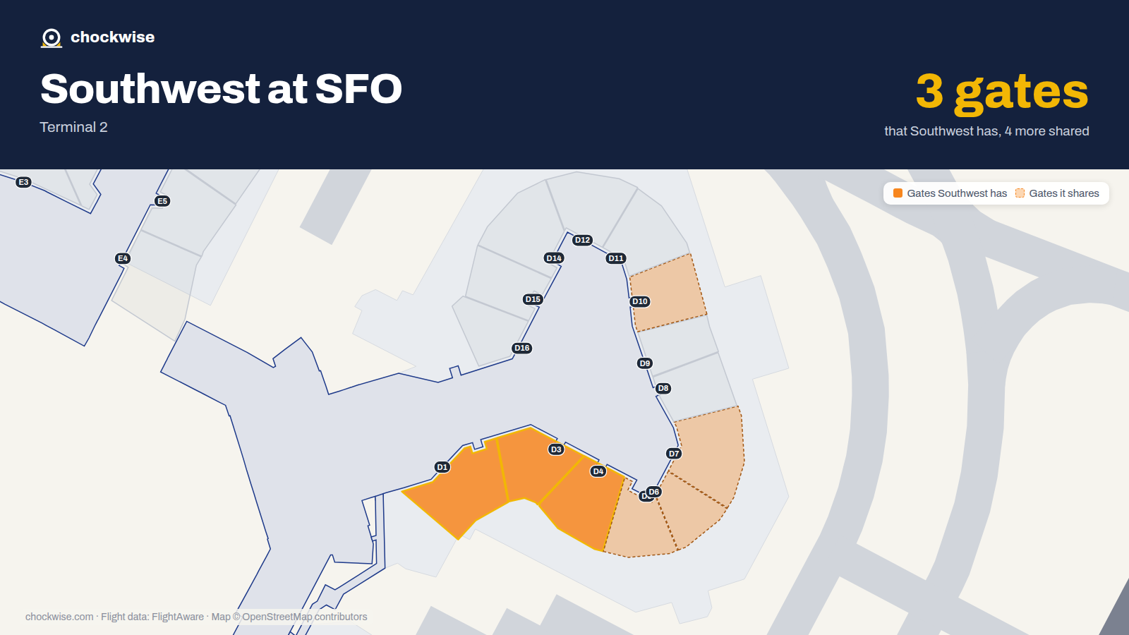 Map of SFO with the gates Southwest Airlines uses highlighted: D1, D3 and D4.