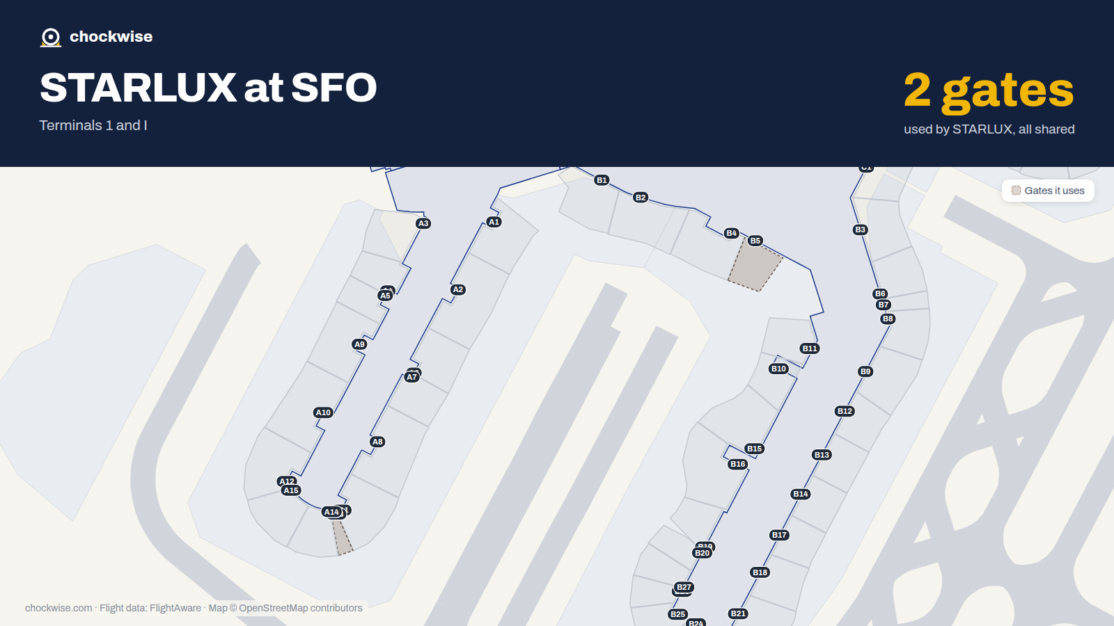 Map of SFO with the gates STARLUX Airlines uses highlighted: B5 and A13.