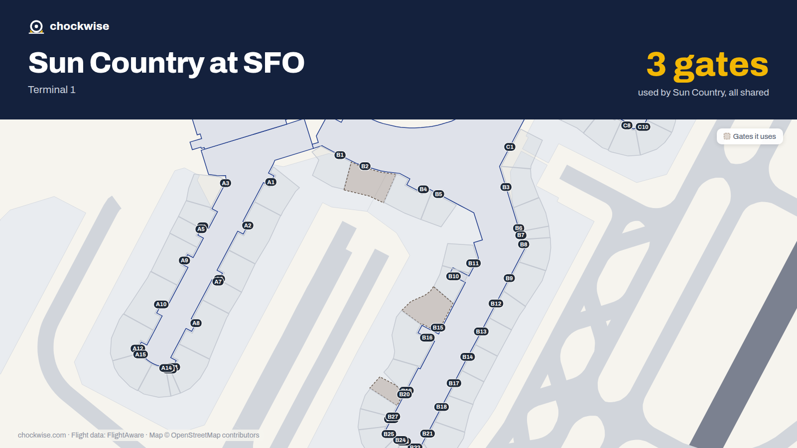 Map of SFO with the gates Sun Country Airlines uses highlighted: B2, B15 and B20.