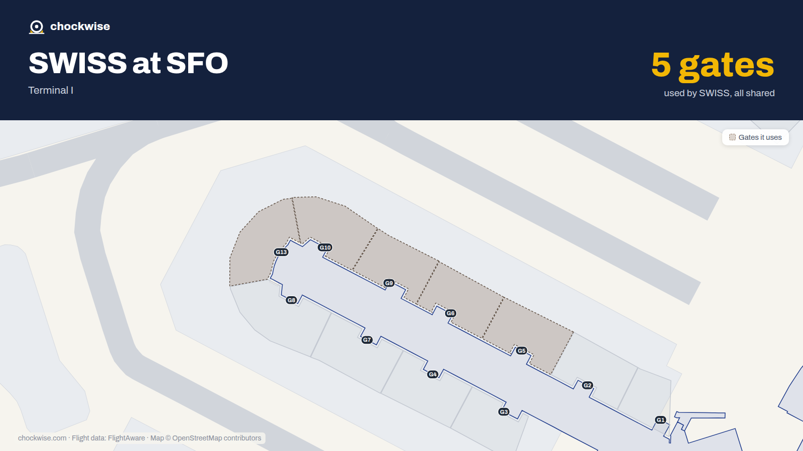 Map of SFO with the gates SWISS uses highlighted: G5, G6, G9, G10 and G13.