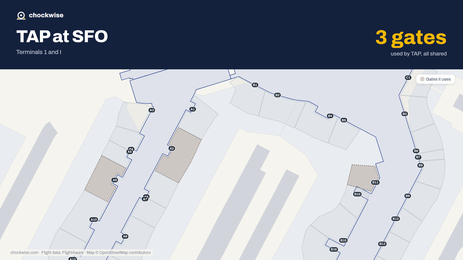 Map of SFO with the gates TAP Air Portugal uses highlighted: A2, A9, B11, 42, 43 and 44.
