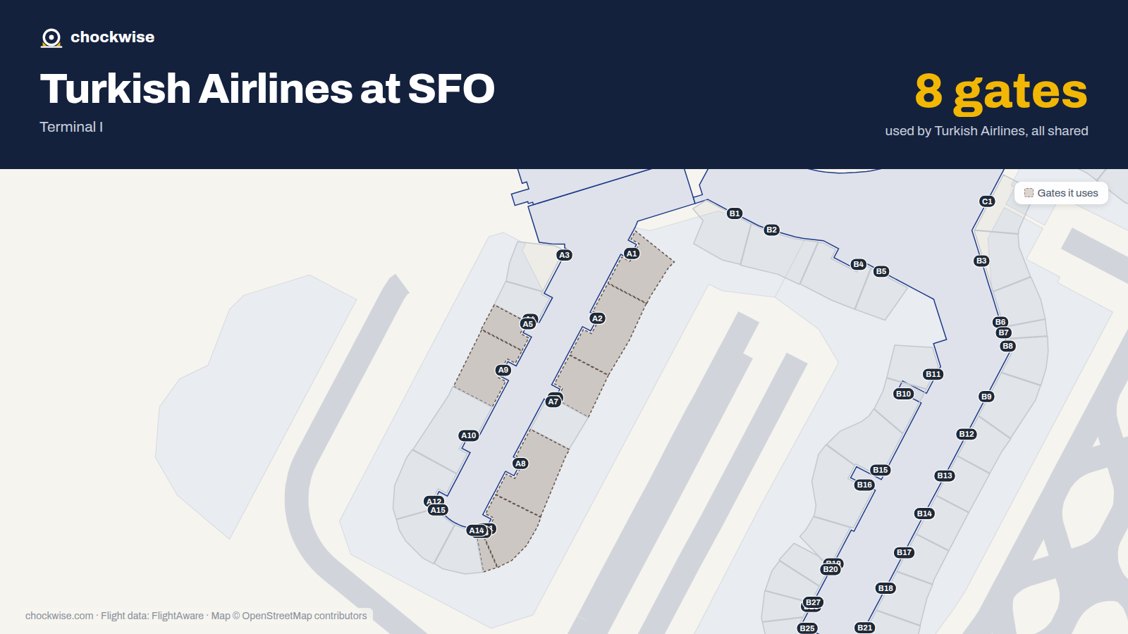 Map of SFO with the gates Turkish Airlines uses highlighted: A1, A2, A5, A6, A8, A9, A11 and A13.