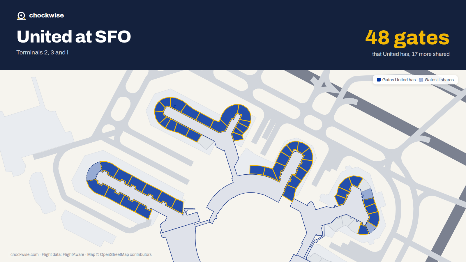 Map of SFO with the gates United Airlines uses highlighted: G1, E2, G2, E3, G3, E4, G4, D5 and 39 more.