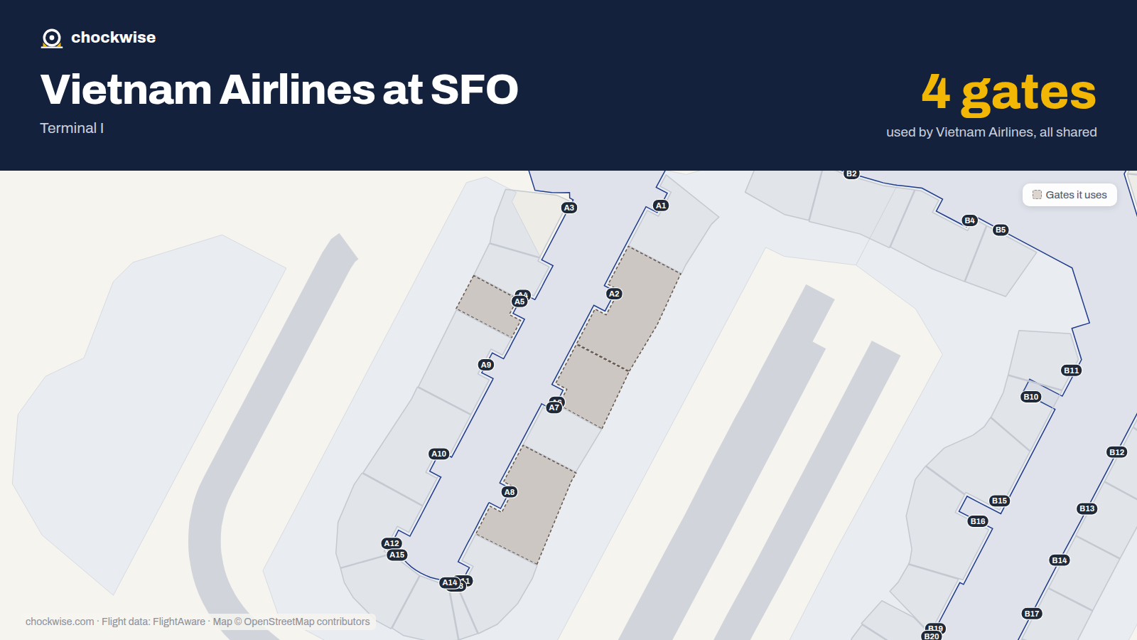 Map of SFO with the gates Vietnam Airlines uses highlighted: A2, A5, A6 and A8.