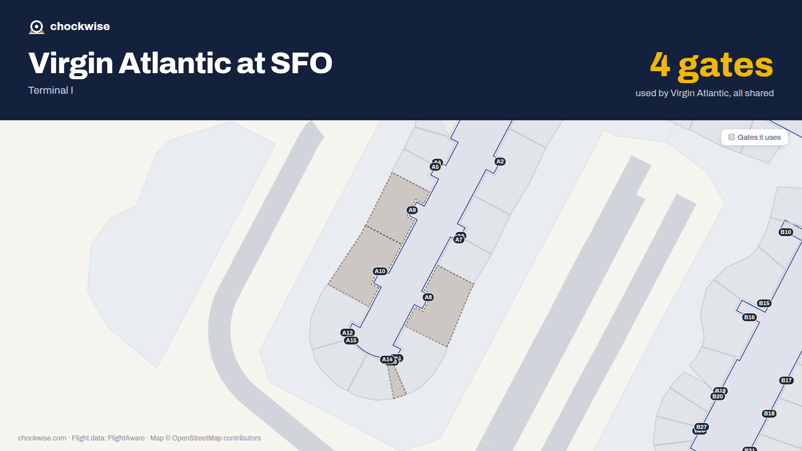 Map of SFO with the gates Virgin Atlantic uses highlighted: A8, A9, A10 and A13.