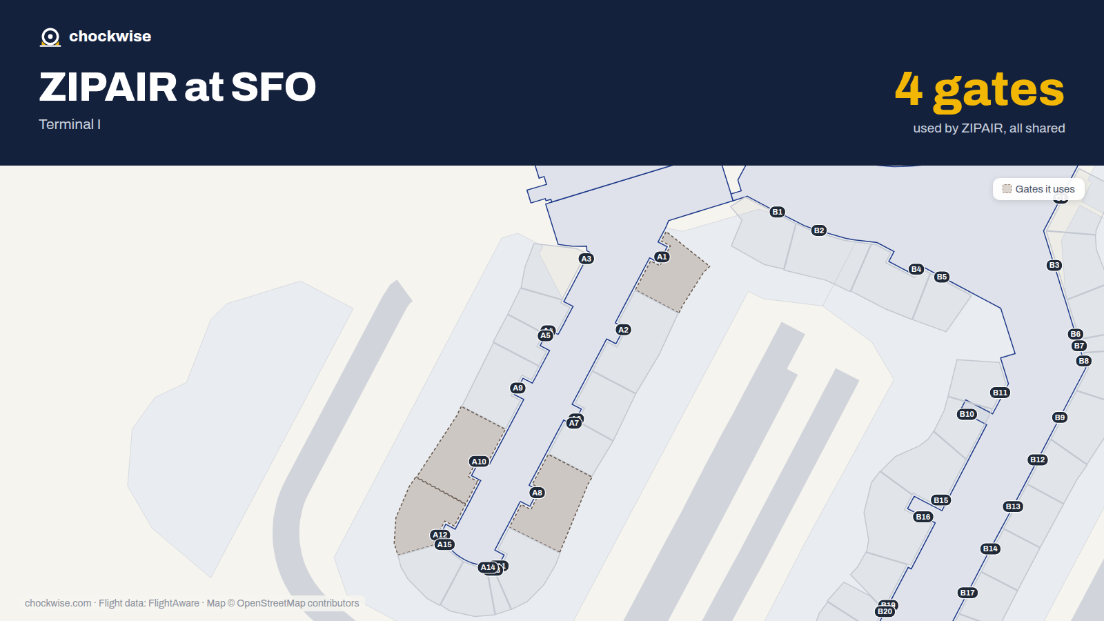 Map of SFO with the gates ZIPAIR uses highlighted: A1, A8, A10 and A12.