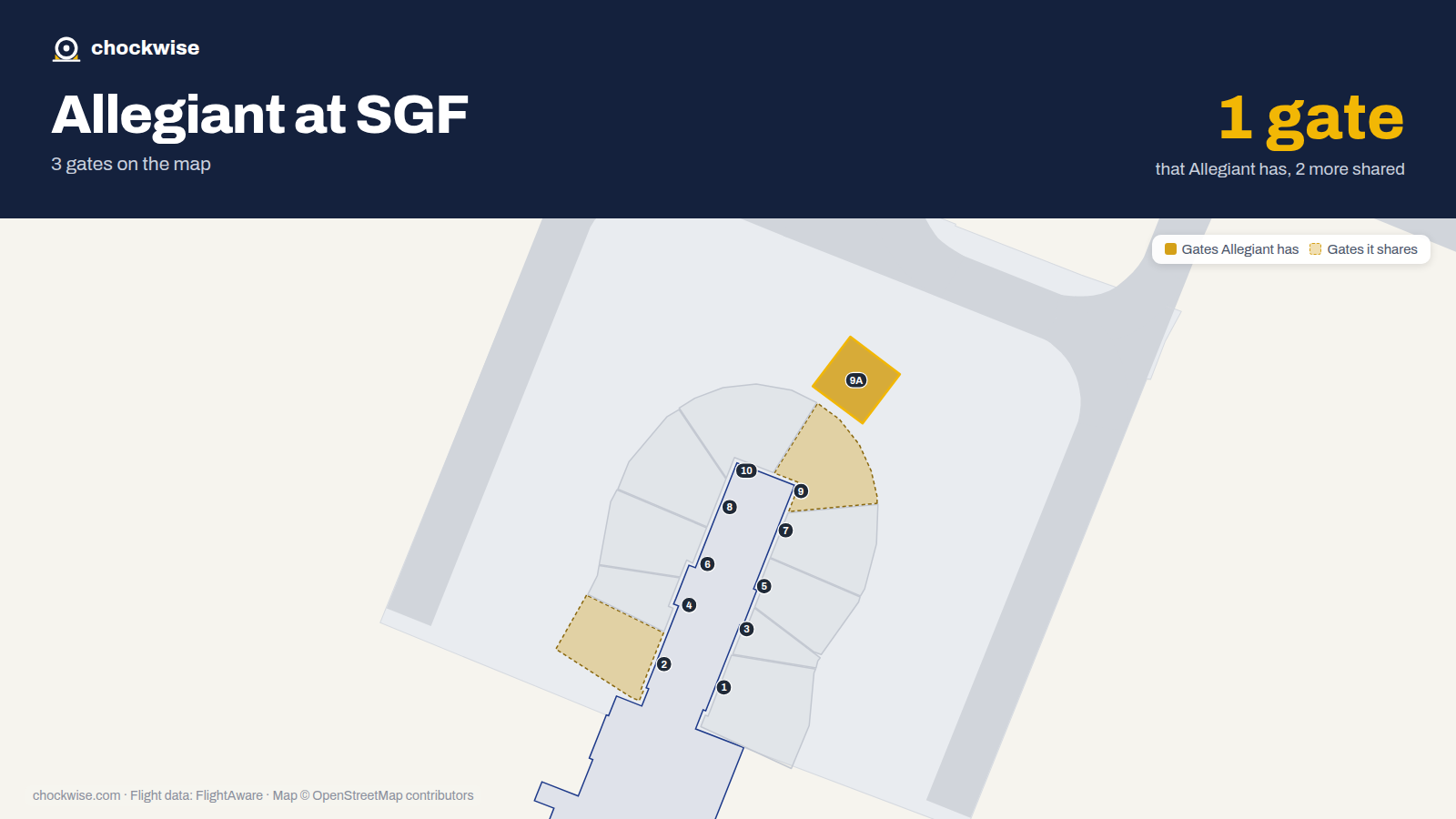 Map of SGF with the gates Allegiant Air uses highlighted: 9A.