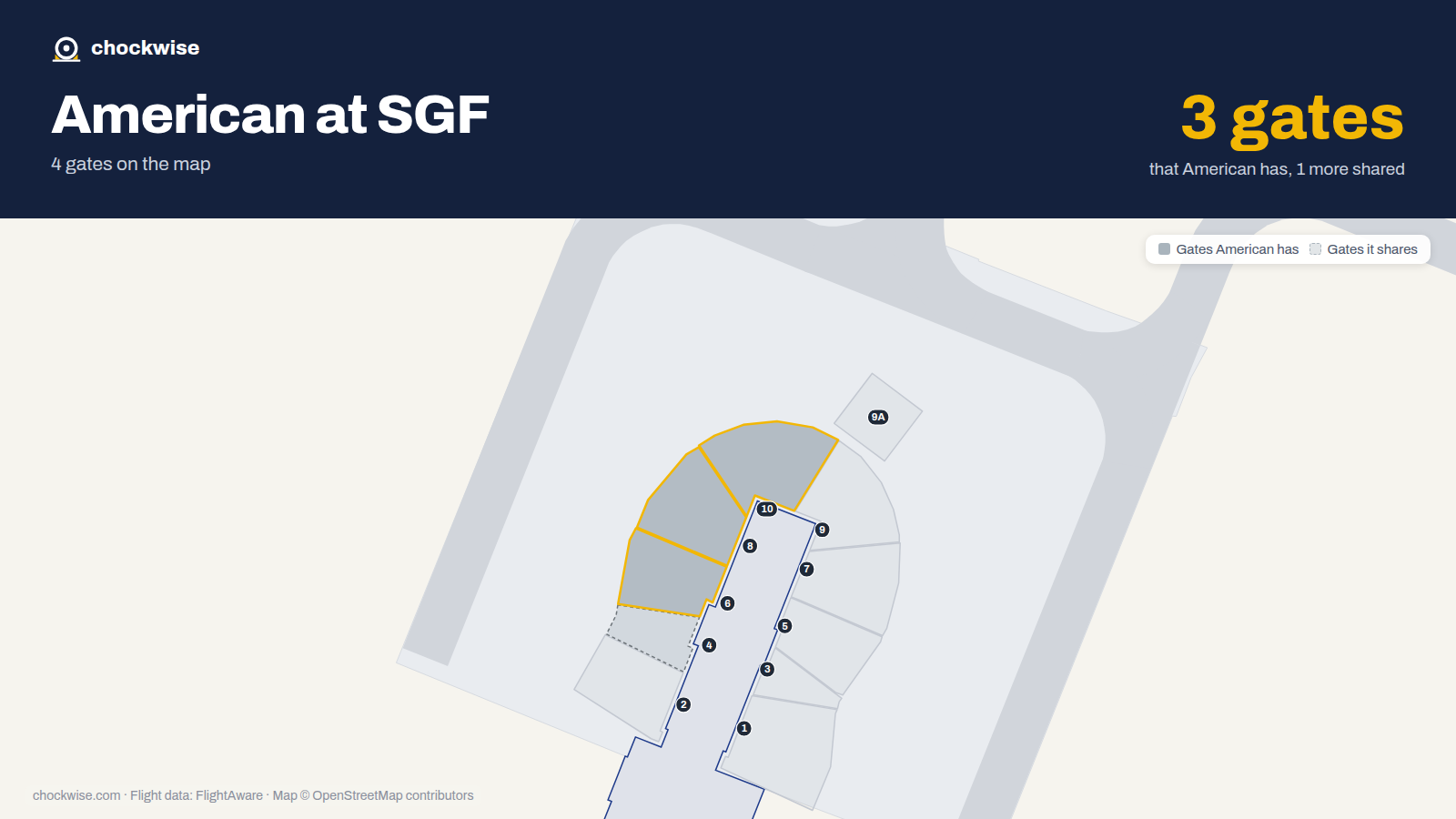 Map of SGF with the gates American Airlines uses highlighted: 6, 8 and 10.