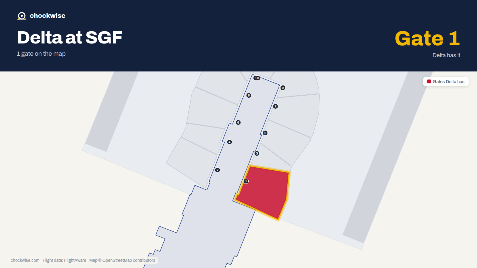 Map of SGF with the gates Delta Air Lines uses highlighted: 1.