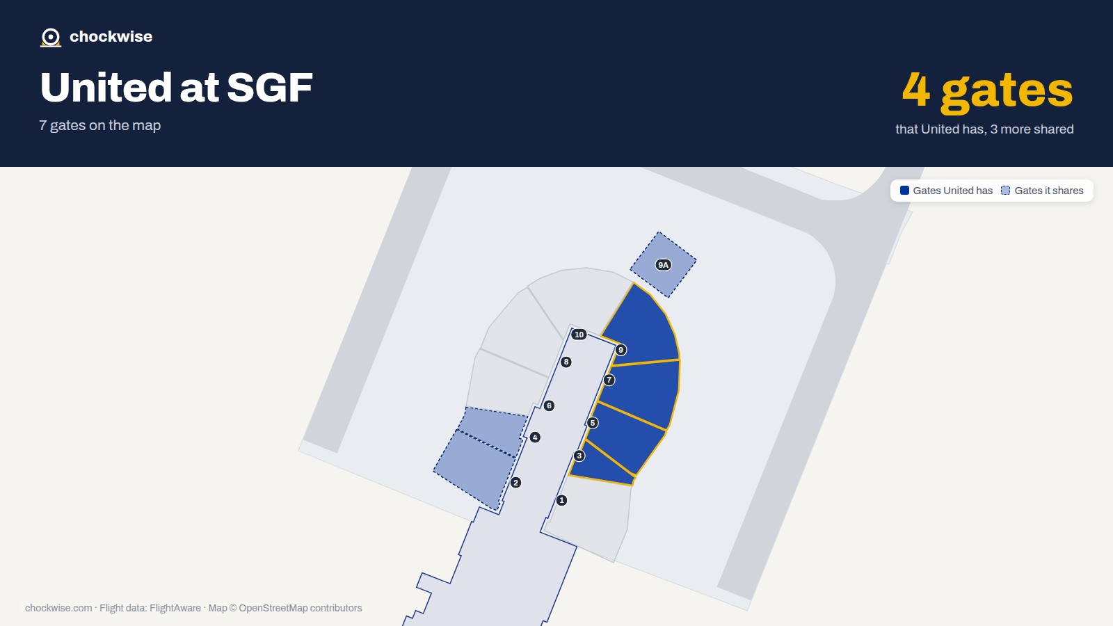 Map of SGF with the gates United Airlines uses highlighted: 3, 5, 7 and 9.