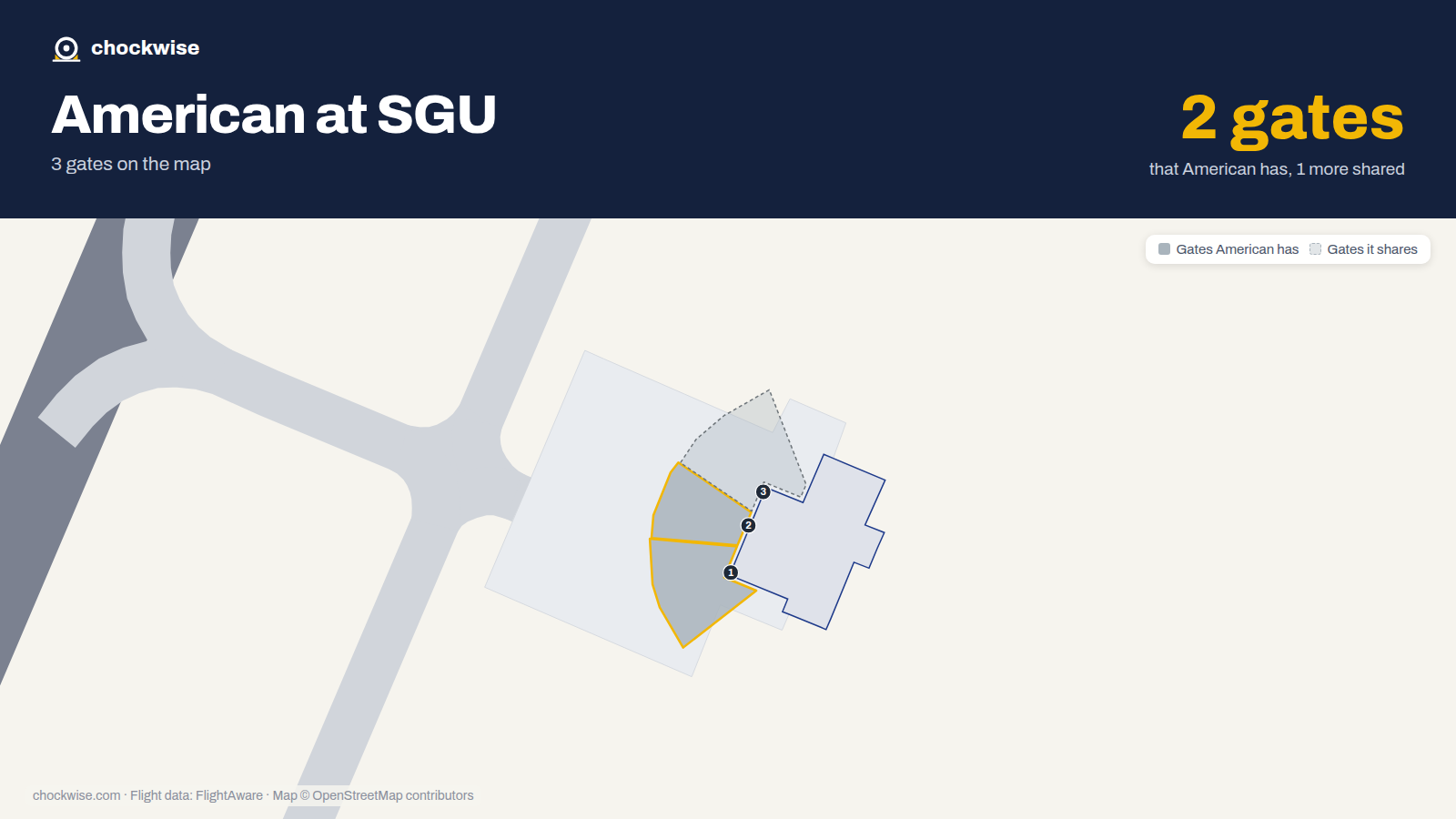 Map of SGU with the gates American Airlines uses highlighted: 1 and 2.