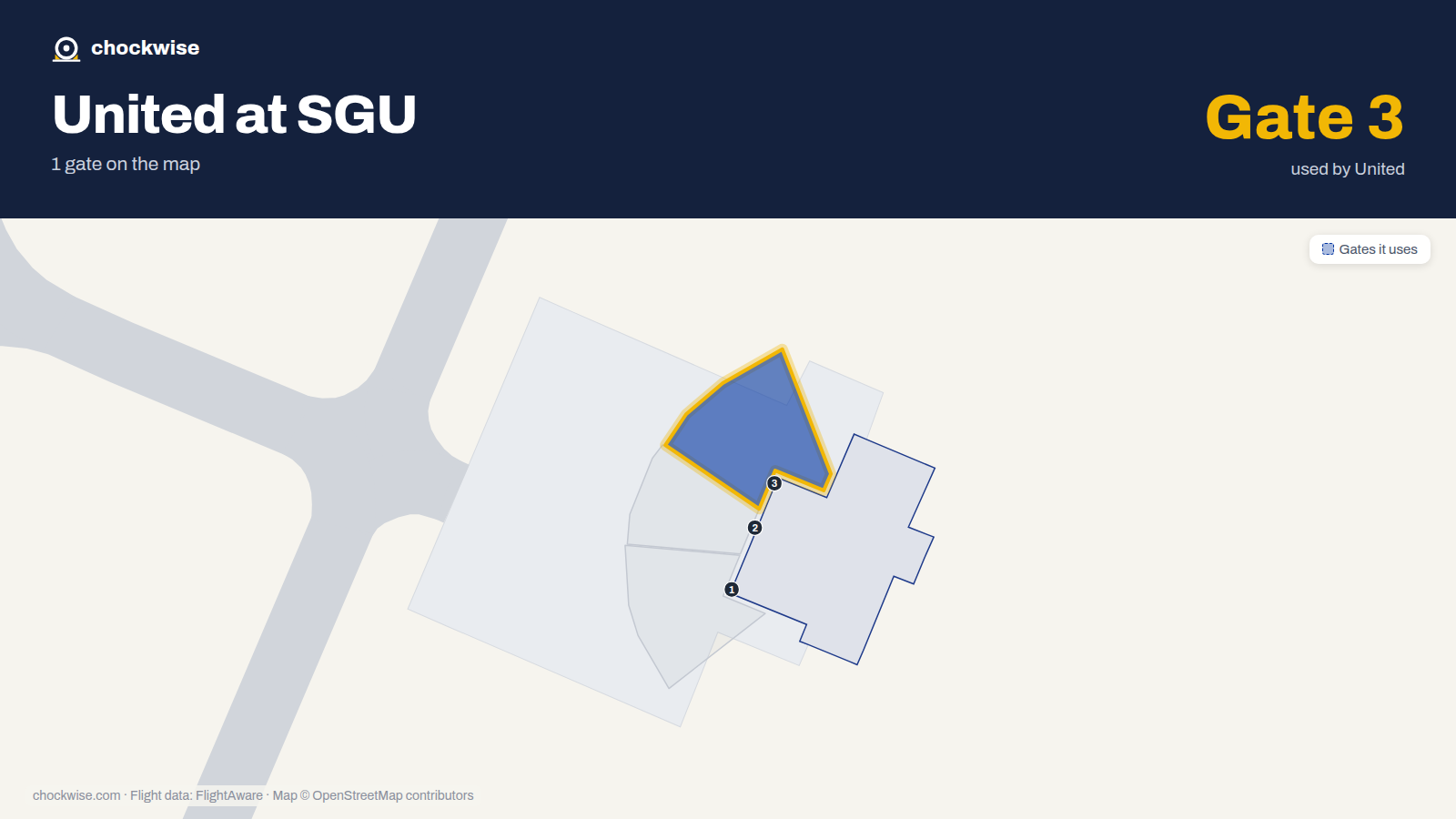Map of SGU with the gates United Airlines uses highlighted: 3.